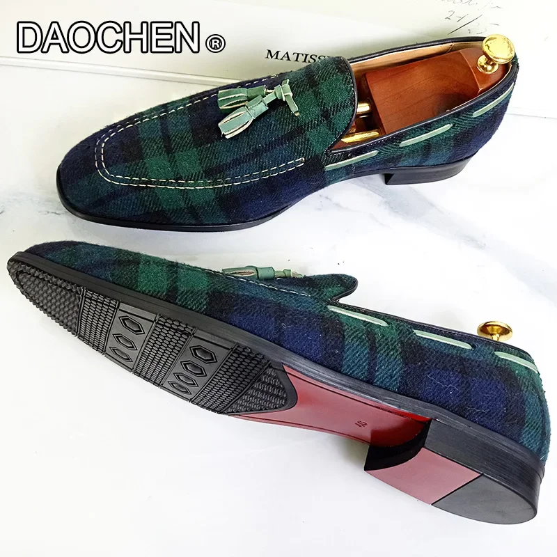 LUXURY BRAND MEN\'S LOAFERS SHOES GREEN BLACK GINGHAM TASSEL SUEDE CASUAL DRESS MAN SHOES GENUINE LEATHER LOAFERS FOR MEN