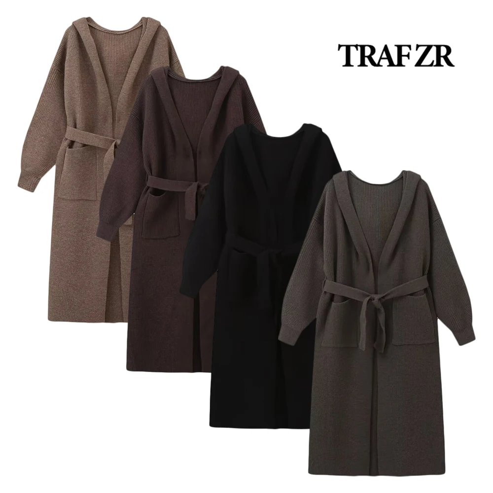 

TRAF ZR Vintage Long Women's Cardigan Front Patch Pockets Classic Hooded Knitted Outerwears High Street Lantern Sleeve Wrap Coat