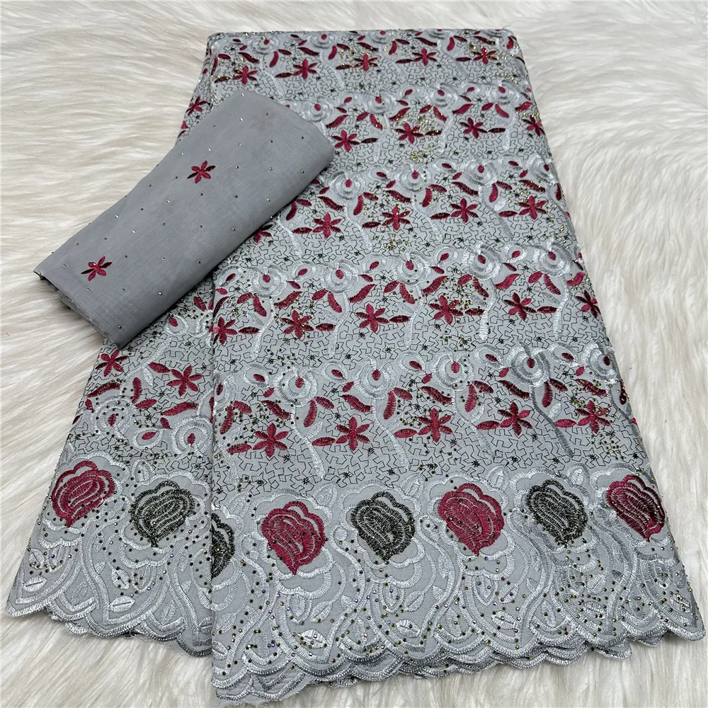 Luxuriöser 5+2 Yards Schweizer Voile bestickter Spitzenstoff aus nigerianischer Baumwolle, trockene Spitze mit Steinen für Kleidung, Nähmaterialien 31A34