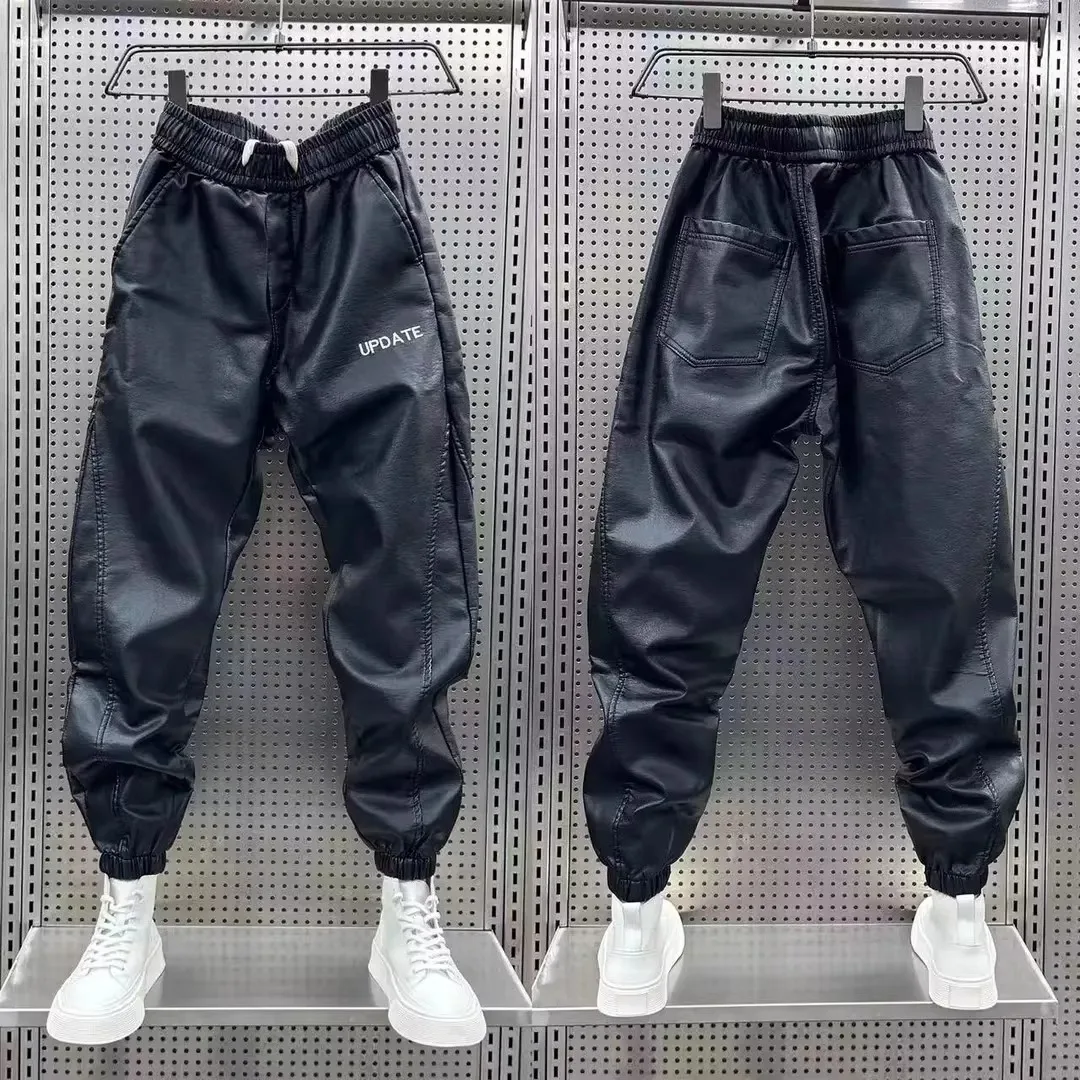 

Men's Winter Thiened Fce Lined Harajuku Sle PU Leather Pants Loose Fit Ci Walk Casual Trousers Warm Biker Pants