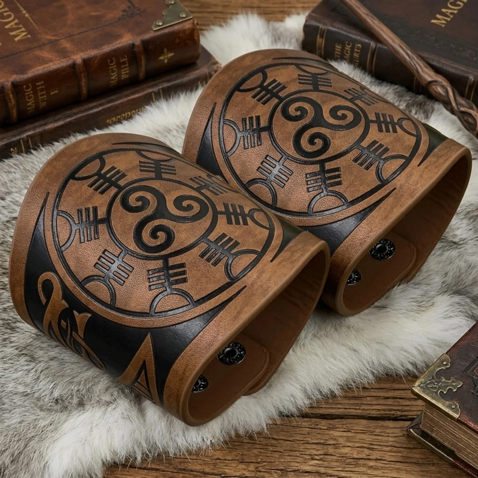 2pcs Medieval Viking Embossed PU Leather Wrist Guards Vintage Wristbands for LARP Renaissance Fairs Cosplay