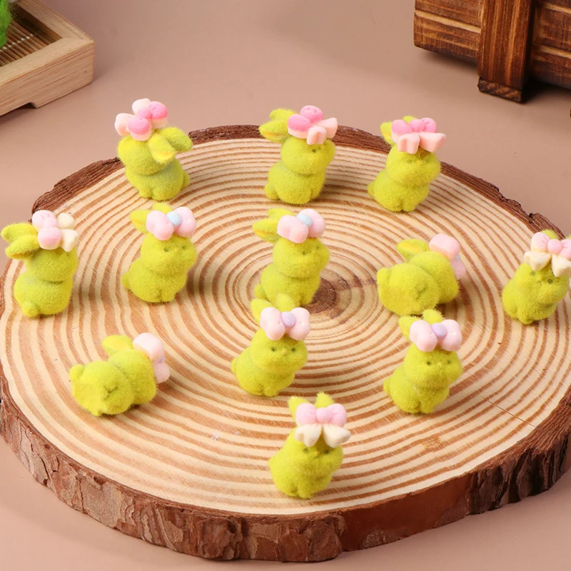 Cute Bow Rabbit Figurines 3D Flocking Bunny Statue Doll Model Dollhouse Mini Landscape Decorations