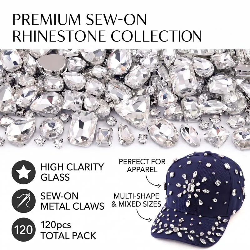 120PCS white sewn rhinestones mixed shaped claw Crystal Stitching Rhinestones for Crafts Clothing DIY Accessories