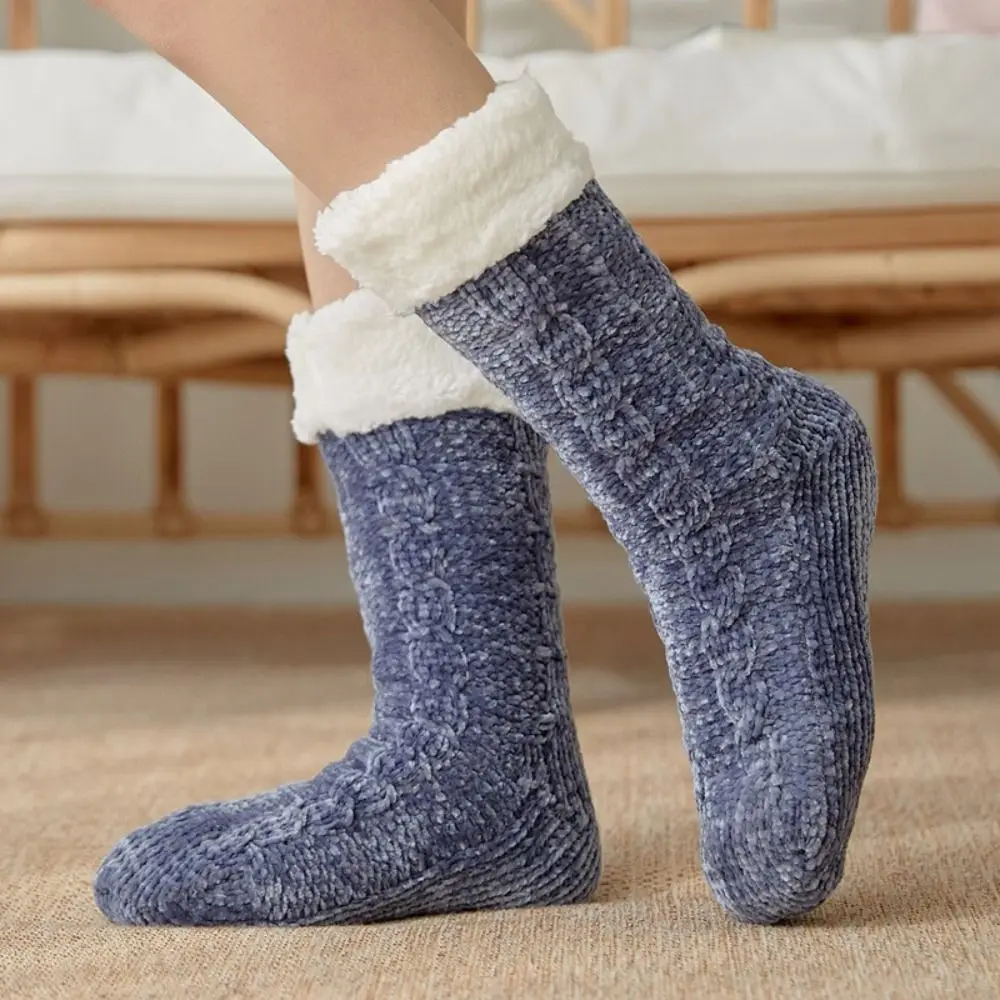 Ladies Warm Thickened Thermal Cashmere Socks Woven Solid Color Sleep Socks Velvet Warm Boots Socks Indoor Activities