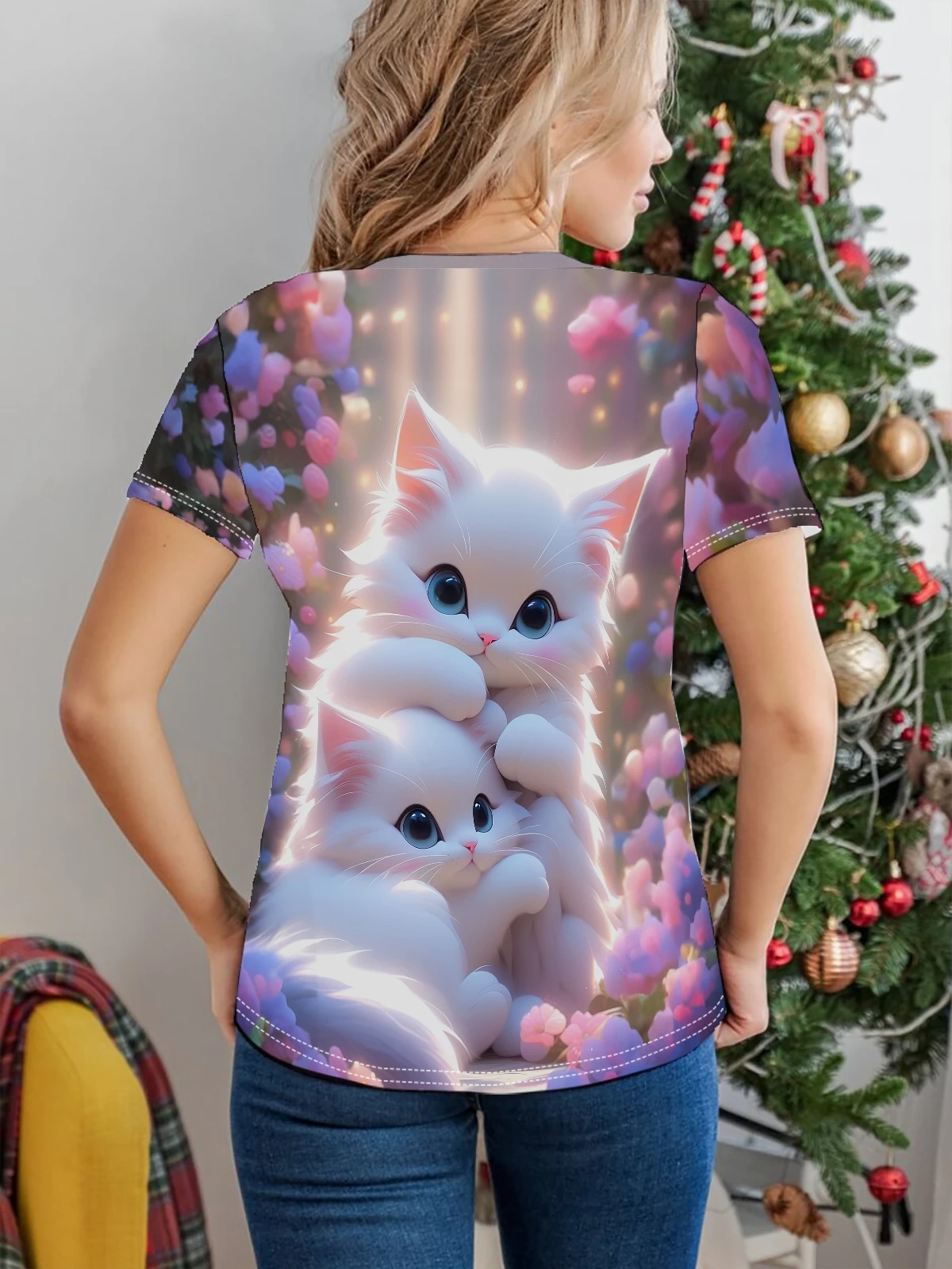 Two cat T-shirts，Casual Crew Neck Short Sleeve Top For Spring & Summer, Women's Clothing