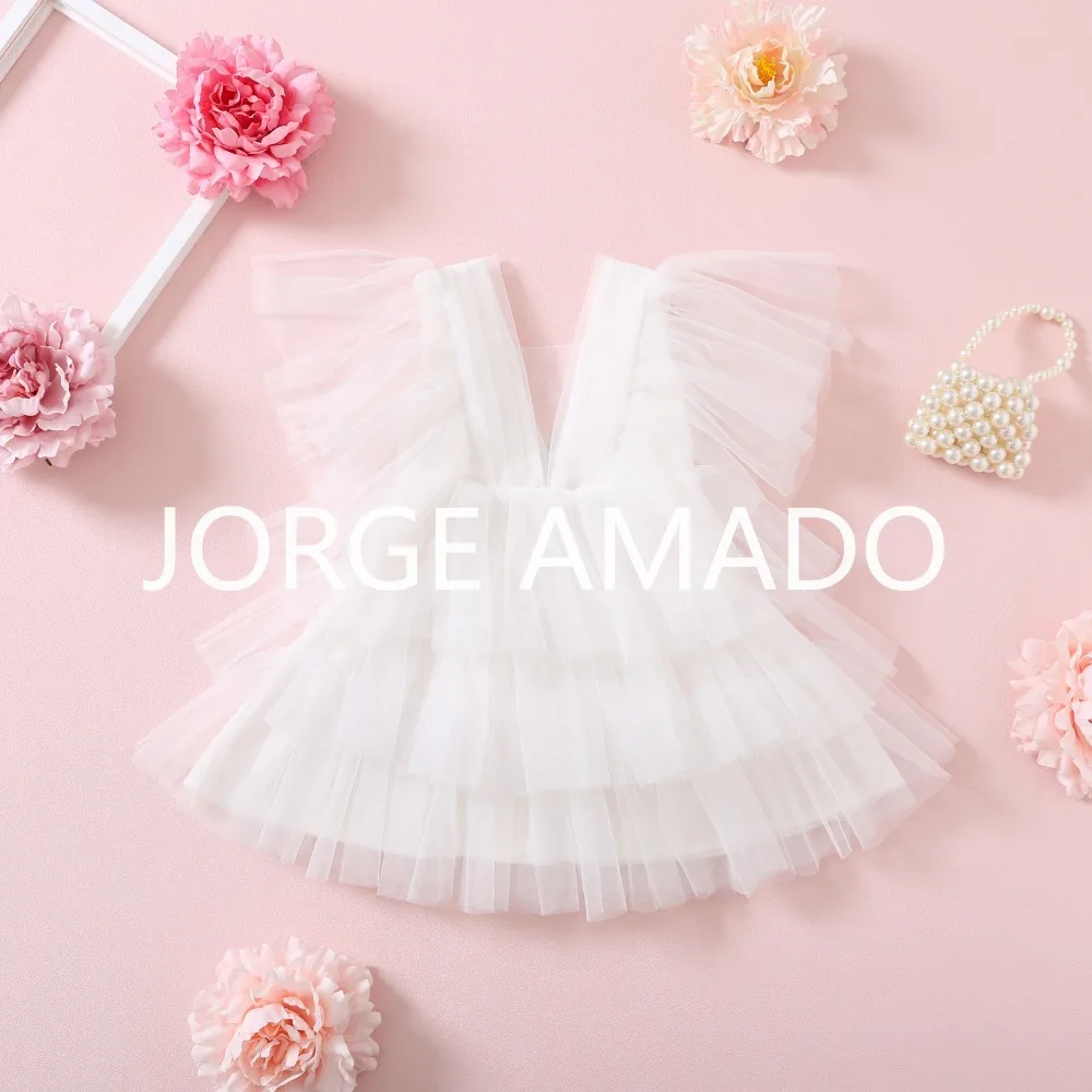 Summer Baby Girl Wedding Party Dress Flutter Sleeve V-neck Layered Tiered Ruffle Princess Dress Birthday Formal Clothes E0408