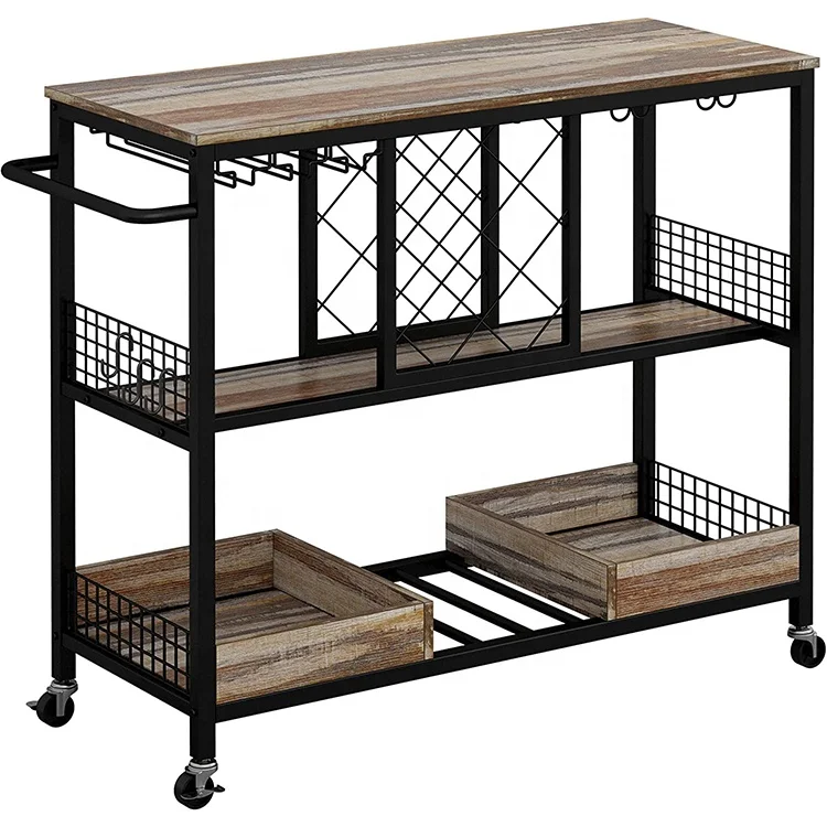 

Wine Rack Table, Industrial Bar Cart on Wheels Kitchen Storage Cart for the Home Wood and Metal Frame