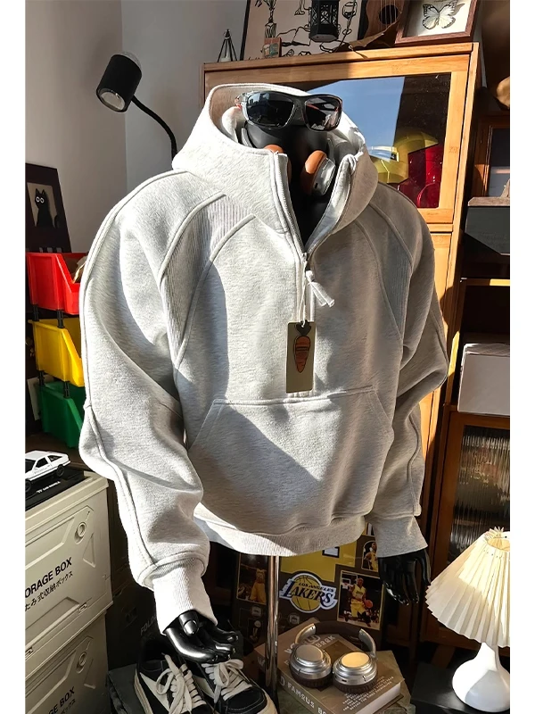 

Мужская толстовка оверсайз с высоким воротником на молнии, американского стиля, из плотной ткани, свободного кроя, модная осенняя одежда