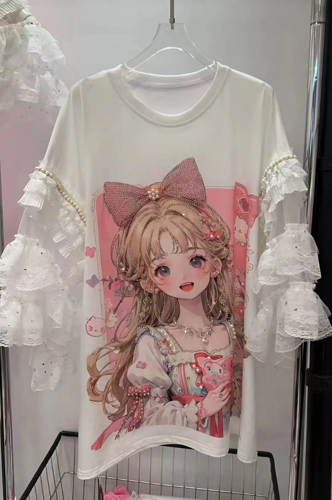 Korean New Peter Pan Collar Cute Cartoon Lace Sleeve T-shirt Women 2024 Summer Heavy Industry Beads Printed Fashion Tops