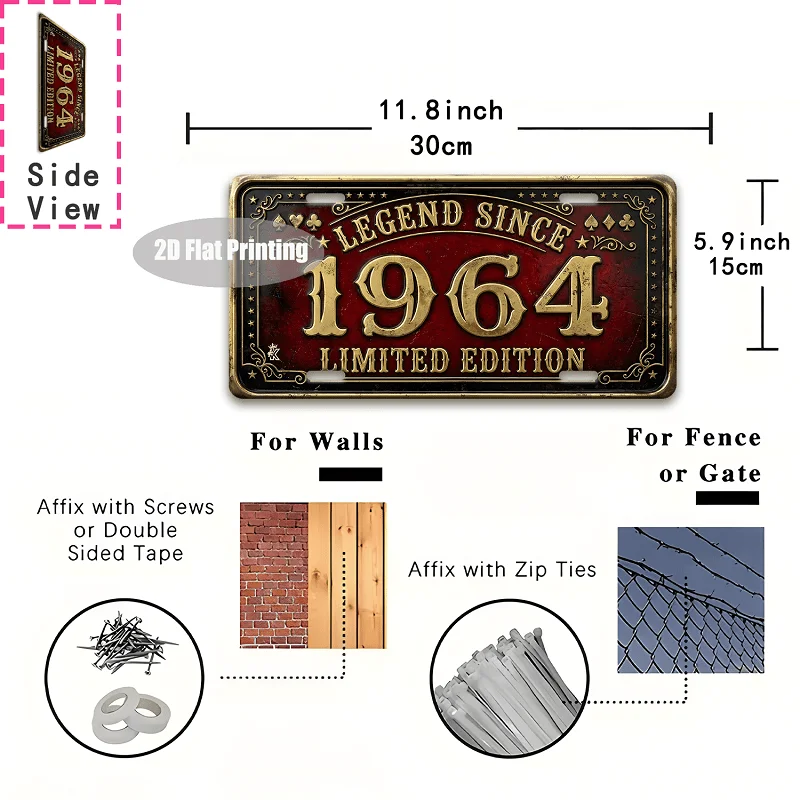 2D Flat, [2D Flat] 1pc, Retro '1964' Metal Aluminum Sign (11.8'x5.9'), Bar, Cafe, Living Room, Doorway, Hallway, Courtyard, Gard