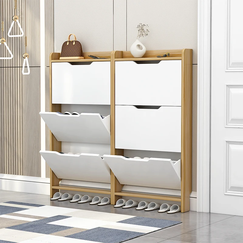 ultra-thin tipper shoe cabinet behind door is extremely narrow and slippers are stored in the entrance hall