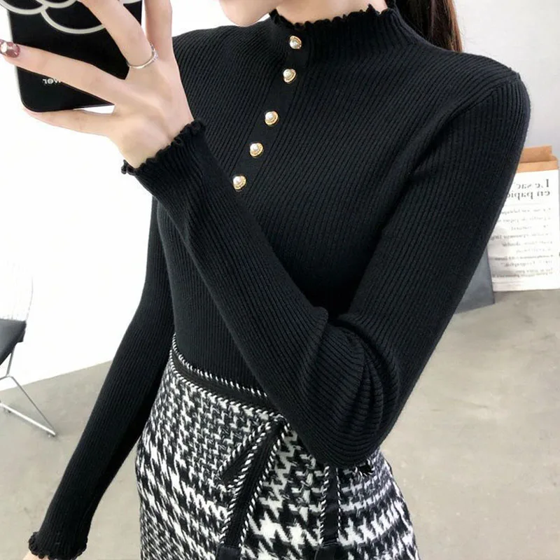 2022 Autumn Winter Solid Color Half Height Collar Agaric Lace Pullover Women Striped Buttons Design Slim Fashion Inside Join Top