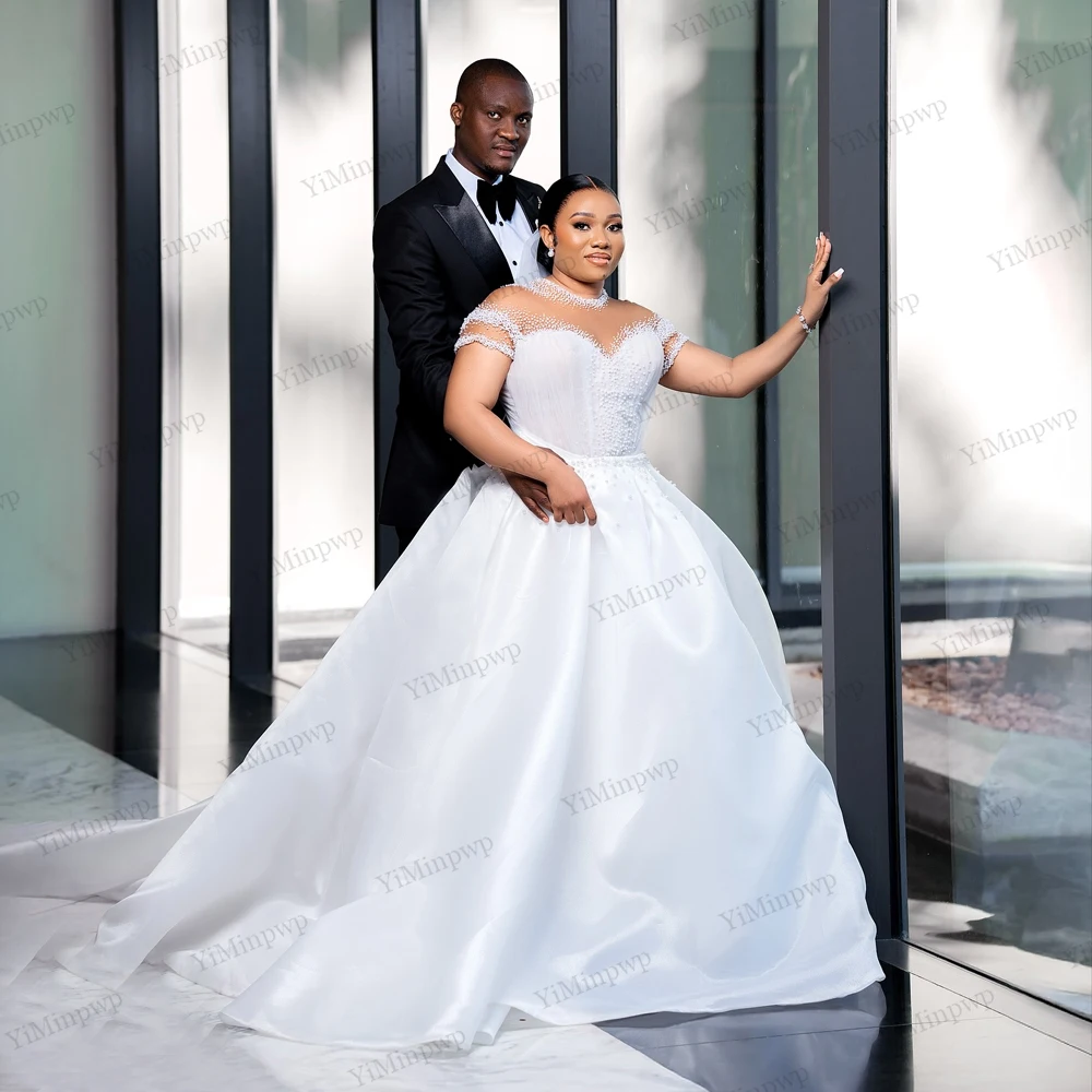 

African Beaded Wedding Dress For Bride O-Neck Short Sleeve Pleat Mermaid 2 In 1 Luxury Bride Gowns Sweep Train Customized