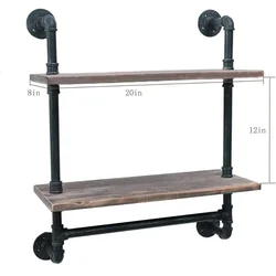 Industrial Pipe Bathroom Shelves Wall Mounted 2-Shelf,Rustic Pipe Shelving Wood Shelf with Towel Bar,Pipe Floating