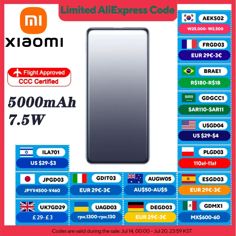 

XIAOMI Ultra Slim Power Bank 5000 mAh 20W MAX PB0520MI,Card‑Style USB‑C Fast Charge, Dual‑Way,10 mm Thin,For iPhone 16 15 14 pro