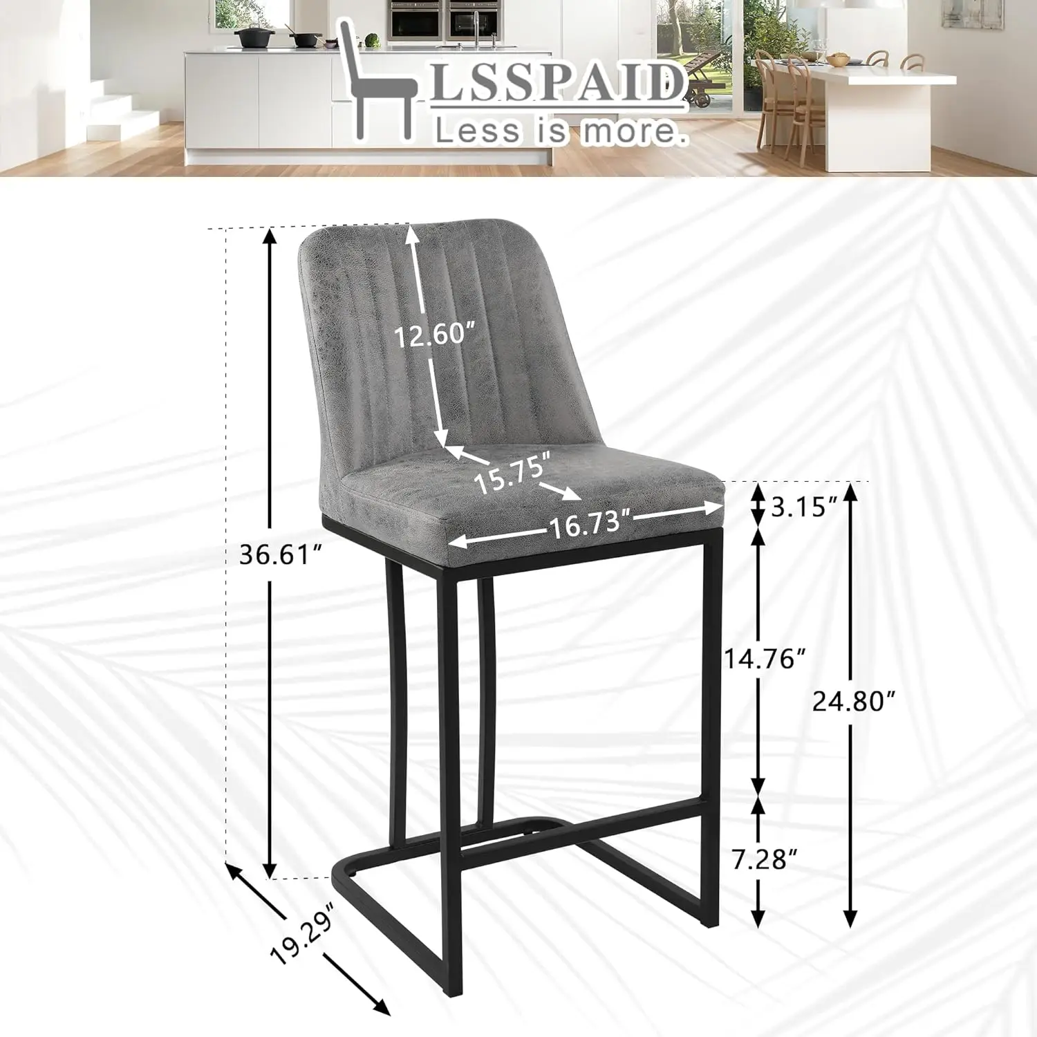 طقم مقاعد بار منجدة مقاس 24.8 بوصة مكون من 4 قطع، كراسي جزيرة المطبخ الحديثة مع مسند للقدمين، أرجل معدنية سوداء، رمادي