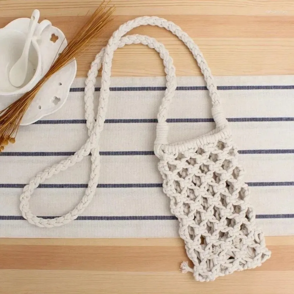 Solid Color Crossbody Phone Bag Crochet Design Hollow-out Woven Shoulder Handbag Lightweight Braided Strap Braided Crossbody Bag