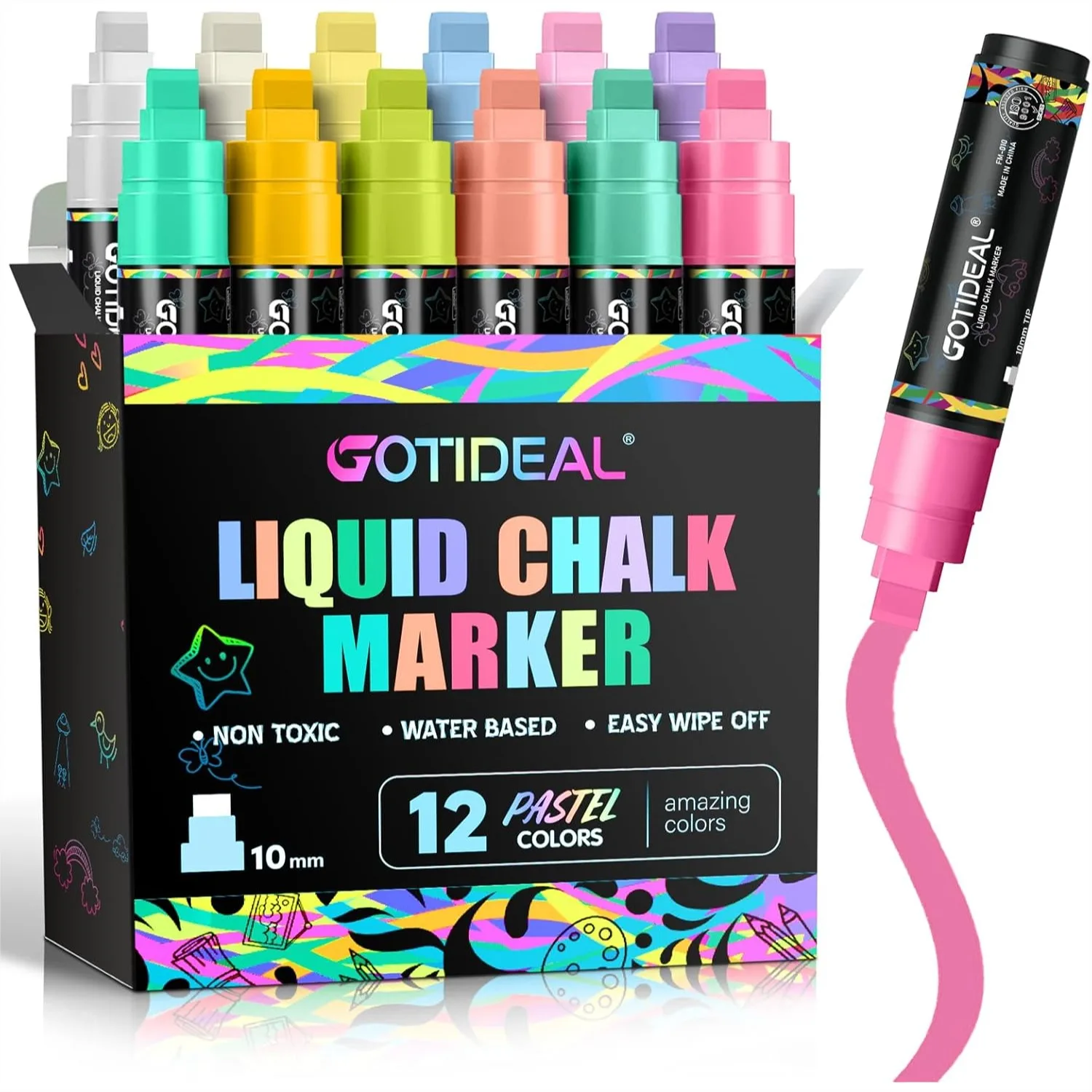 

Jumbo Chalk Markers For Blackboard Car Window Glass, 10mm Thick Tip 12 Colors Pastel Washable Liquid Chalk Pens