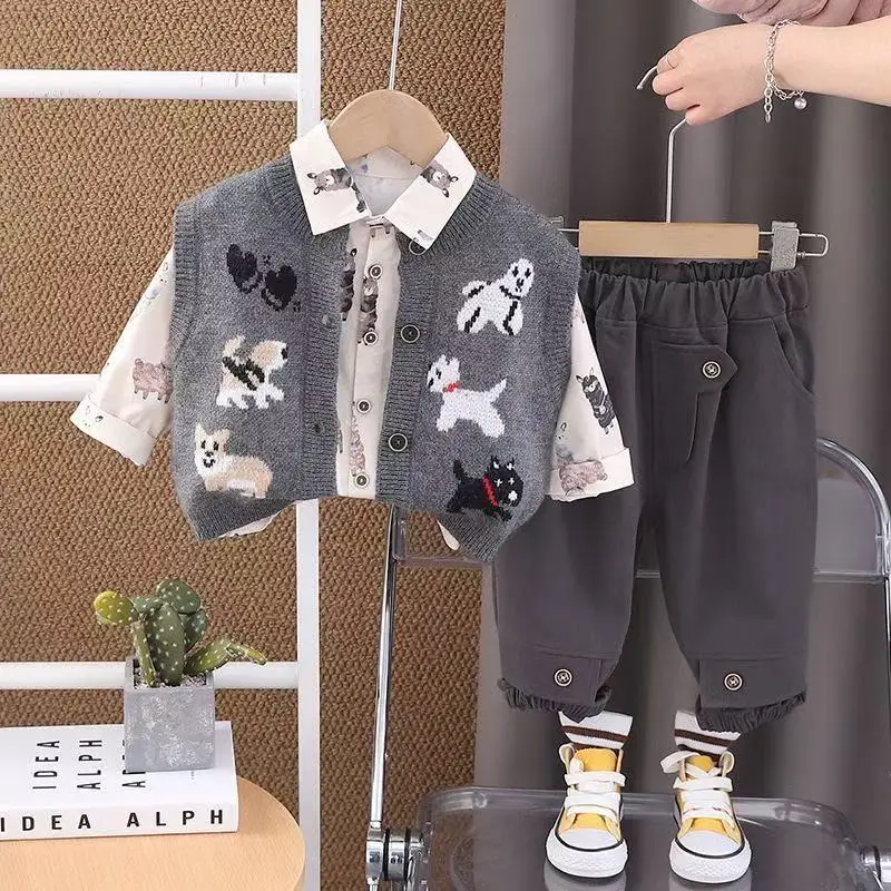 طفل الفتيان الملابس مجموعة الربيع والخريف جديد الأطفال سترة طويلة الأكمام قميص سترة القطن الخالص سراويل تقليدية 3 قطعة مجموعة