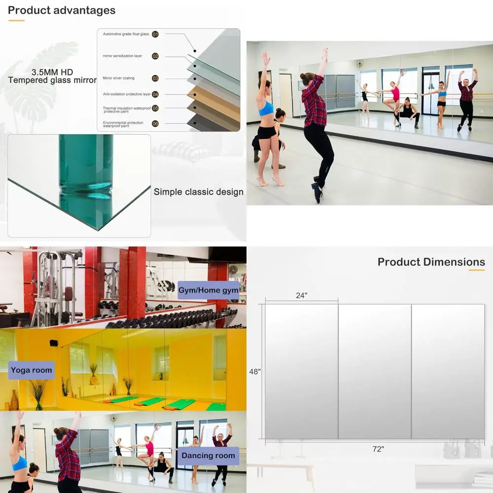 Wall-Mounted Frameless Mirrors, 48x24, Set of 3, for Home Gym, Yoga, and Dance Studios
