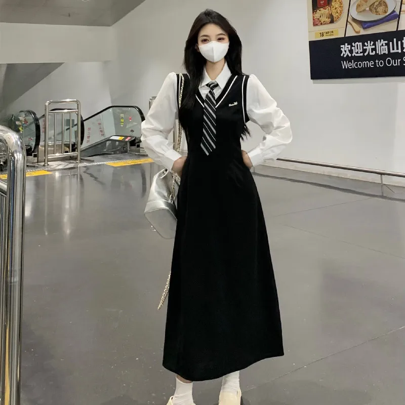 

Large Size Women's College Style Fake Two-piece Long Sleeved Dress Women's A-line Long Skirt