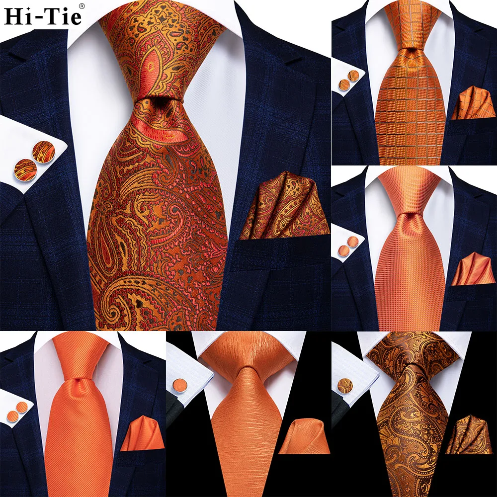 Hi-Tie-corbata de seda de cachemir naranja para hombres, mancuernas a mano, regalo para hombres, corbata de moda, fiesta de negocios, envío directo