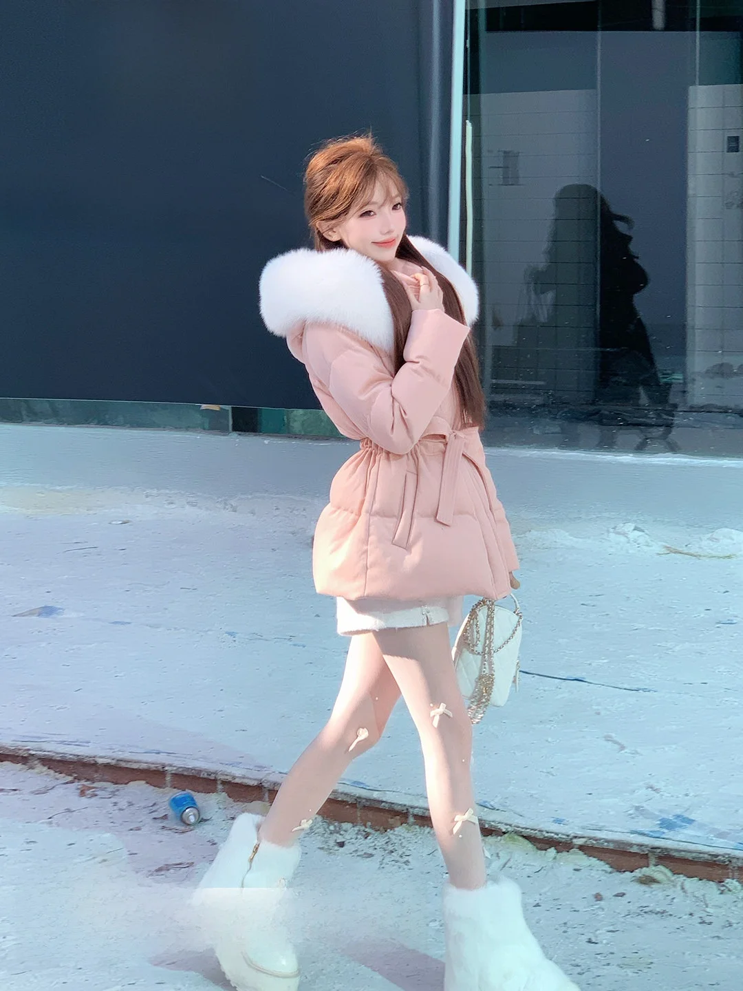 

Girls Sle ort down Jaet with Fur Collar And Hood White Du down Warm Fce Zipper Closure Regular Fit High Waist