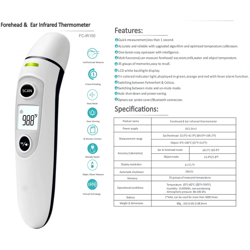 Cyfrowy termometr na podczerwień Czoło Ucho Termometr bezdotykowy Termometro Medyczny gorączka ciała Temperatura dziecka/dorosłego