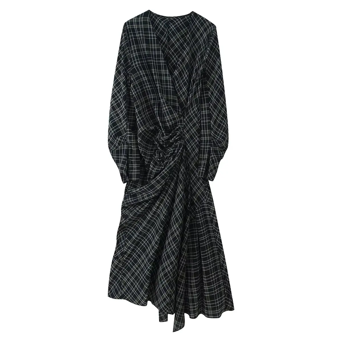 KASLEAD Faionable Plaid Dr Dames Street Sle Long Sve Ci Commute Polyester Vezel Gevouwen Rok Dr
