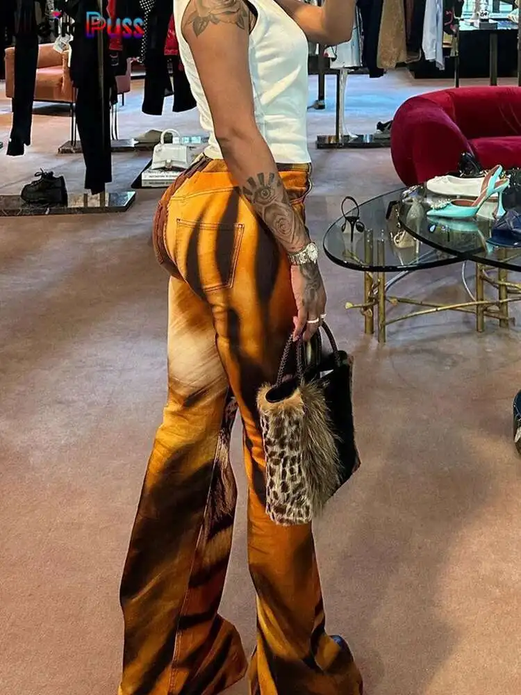 Weird Puss Tiger Print Flare Pants Women 2023 Y2K Summer Trend Skinny Elastic Wild Casual Streetwear Basic High Waist Trousers