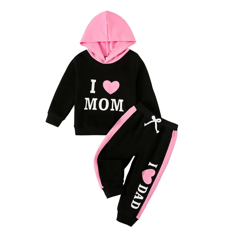 

Kid Toddler Baby Girl Valentines Day Outfit Long Sleeve Heart Letter Mom Papa Hoodie Pants 2Pcs Spring Clothes Set