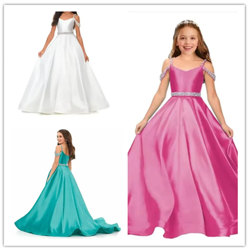 

Elegant Satin Flower Girl Wedding Party Dress Long Beaded Off Shoulder Birthday Dress Formal Evening First Communion Gowns