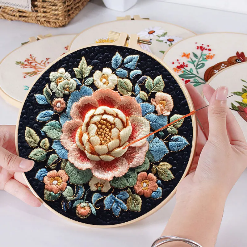

DIY Flower Embroidery Kit 3D Plant Stitching Set with Tool Art Needlework Cross Stitch Ring Craft for Home Decor & Crafting