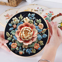 DIY Flower Embroidery Kit 3D Plant Stitching Set with Tool Art Needlework Cross Stitch Ring Craft for Home Decor & Crafting