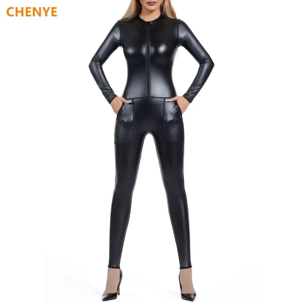 Women Seamless Bodysuit with Pocket Metallic Zip Front Mock Neck Catsuit Costume Shapers Nightclub Dance Shapewear Sexy Jumpsuit