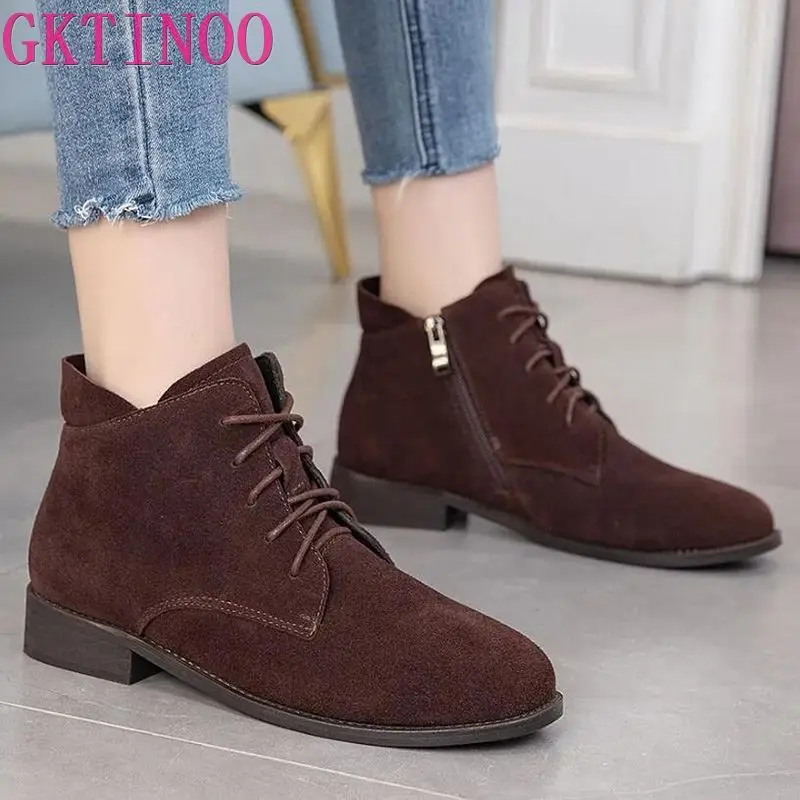 GKTINOO Women Chelsea Boots 2024 Autumn Winter New Genuine Leather Fashion Casual Shoes Women Cow Suede Lace-up Ankle Boots