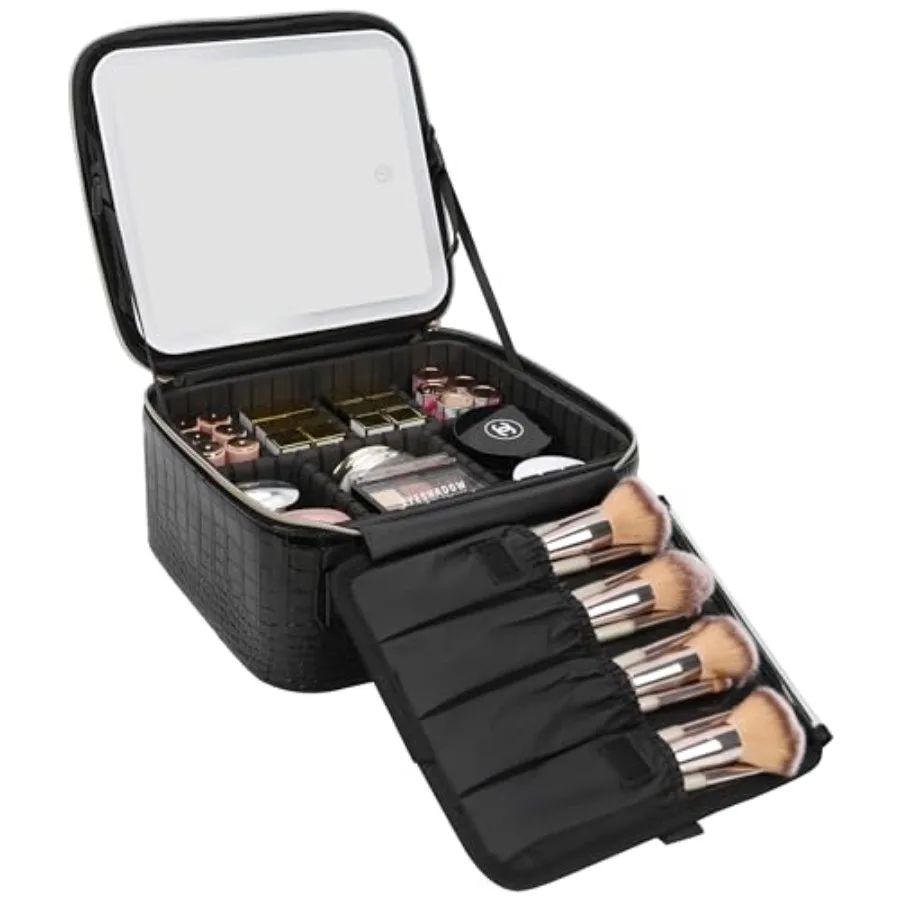 

Makeup Train Case With LED Mirror, Professional Travel Cosmetic Bag with Removable Partitions, Compact Makeup Organizer, Waterp