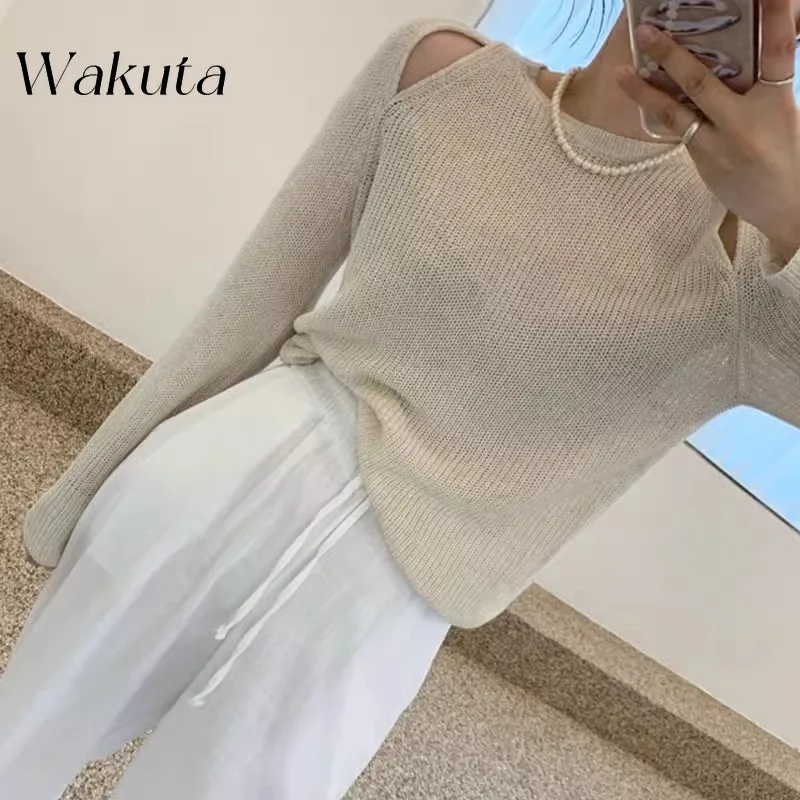 WAKUTA Off Shoulder Hollow Out Knit Tshirts Womens Sweaters Autumn New 2024 Solid Color O Neck Loose Elegant Pullovers Mujers