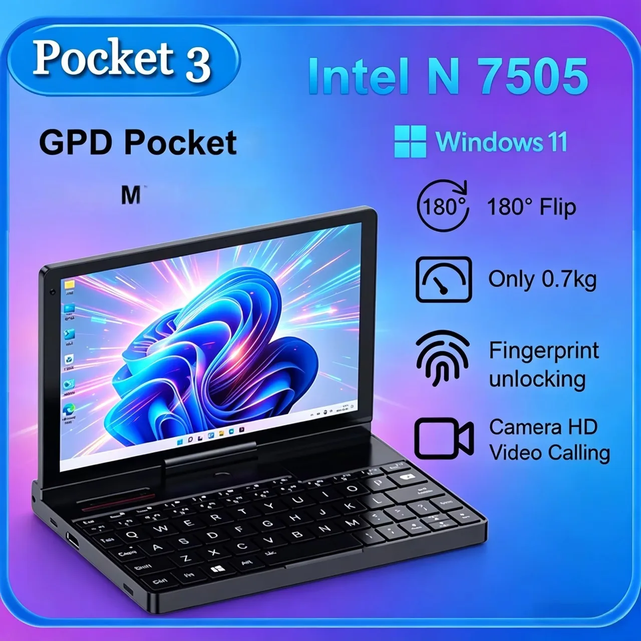 

GPD Pocket 3 Mini Handheld Laptop 8-inch Intel Gold 7505 16GB 512GB SSD Super Stable 5G WiFi Full-featured Module for Gaming And