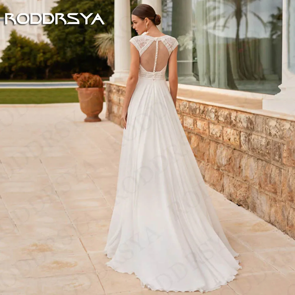 RODDRSYA Cap Sleeves Wedding Dress Boho Bride vestidos novias boda Beach Lace A Line Chiffon Bridal Dresses Illusion Back Women