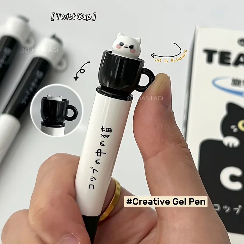 4 Canetas Fofas de Gato 0.5mm de Secagem Rápida Pretas em Formato de Copo, Perfeitas para Escritório, Material Escolar e Papelaria com Design Divertido