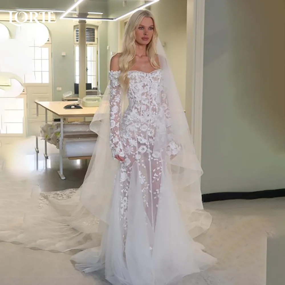 

LORIE Lace Beach Wedding Dresses Off Shoulder 3D Flowers Bride Gown Applique Princess Bridal Dress vestidos de novia Customized