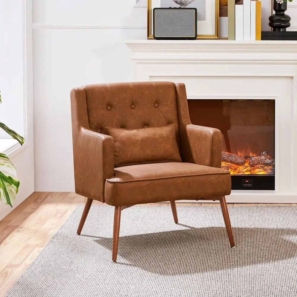 Accent Chair, Living Room Chair Century PU Leather Armchair Lumbar Pillow, Comy Upholstered Reading Chair Wood Leg Bedroom Loung