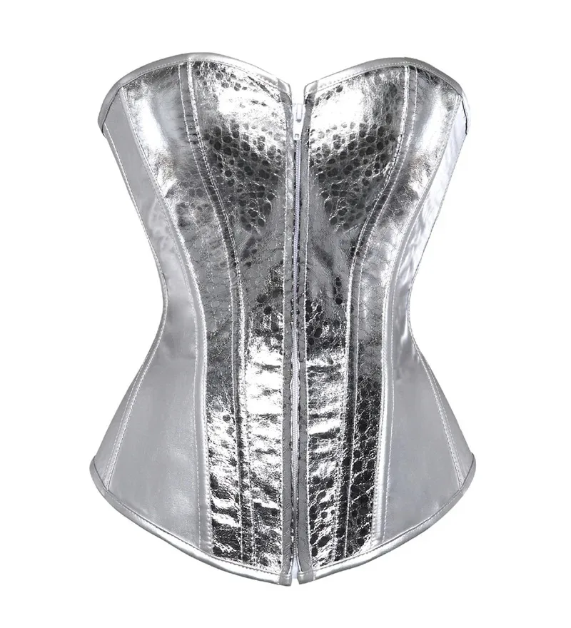Women Shiny Silver Faux Leather Corset Snake Pattern Zipper Waist Cincher Party Bustier