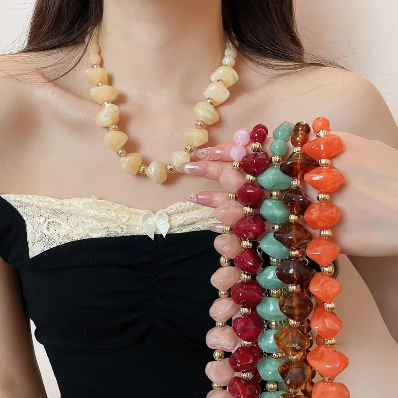 Minar 2026 Hot Sale Rainbow Acrylic ABS Beads Round Geometric Beaded Necklace for Women Mujer Gold Plated Chain Strand Chokers