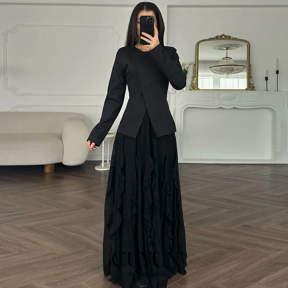 CUYUN Zwarte Vrouwen Bescheiden Avondjurk Blazer Stijl Knoppen Lange Mouwen Formele Evenement Jurken Aangepaste Ruches Chiffon Jurk