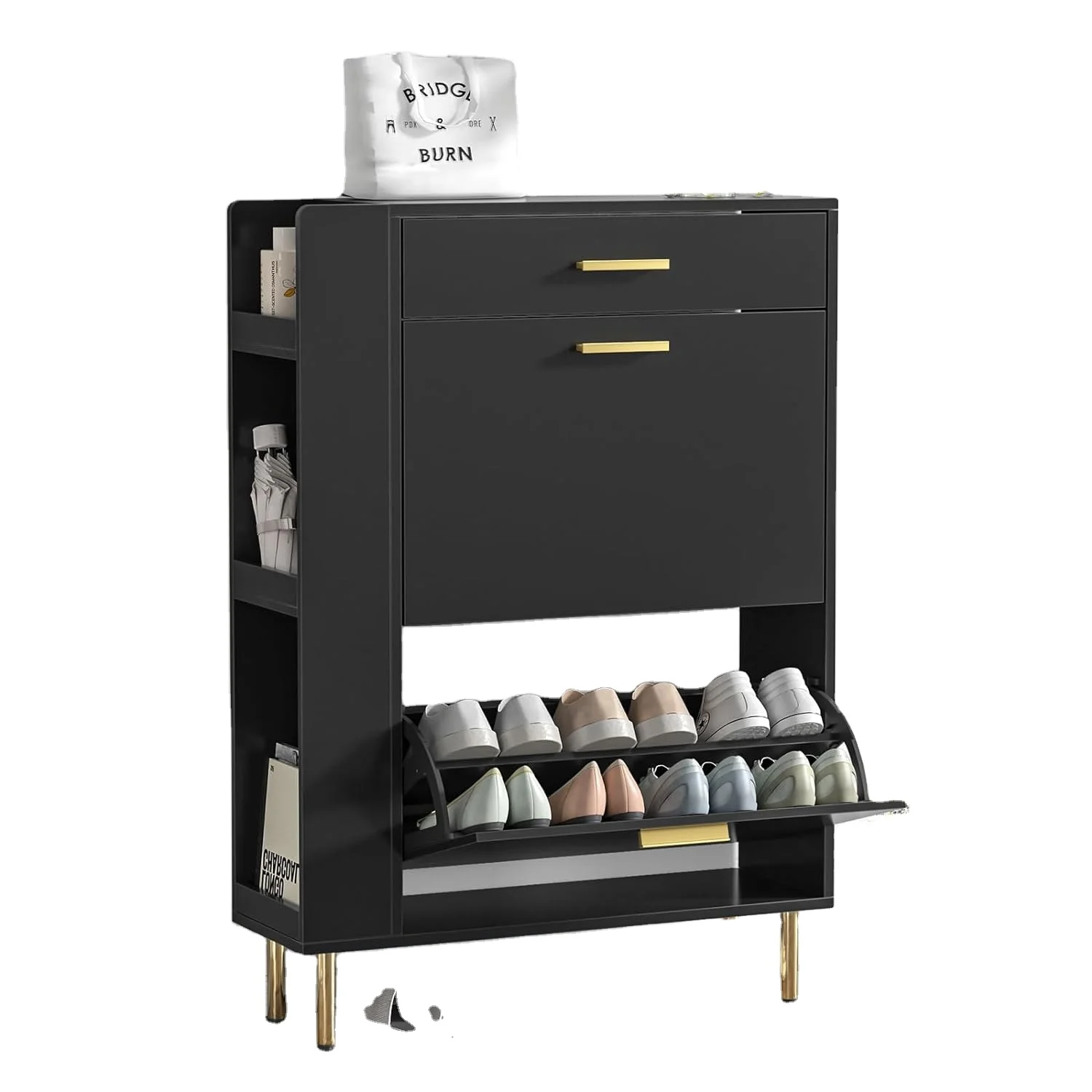 Anmytek Black Shoe Cabinet with 2 Flip Drawers, Modern Freestanding Shoe Rack Storage Organizer Cabinet with Drawers