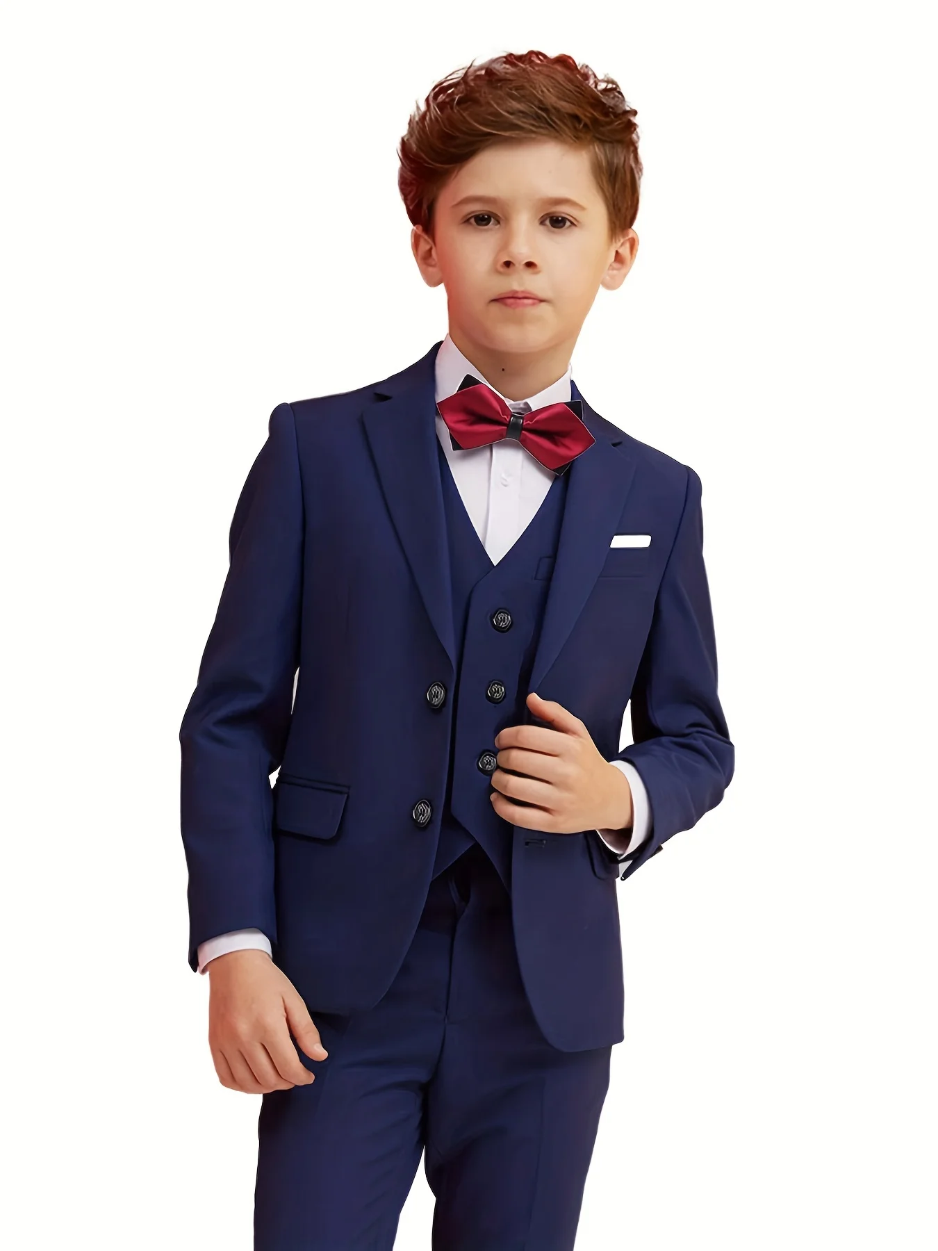 

Boys' Five-Piece Suit Set - Jacket Vest Pants Shirt with Bow Tie, For Teenager