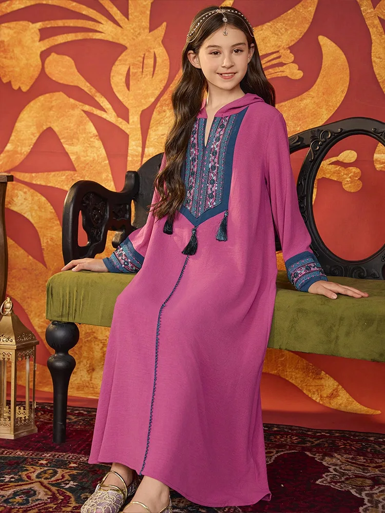 

Мусульманское детское платье макси с капюшоном и вышивкой для девочек, халат Ид Рамадан, Марокко, исламская детская одежда, арабская Абая, Турция, свободное платье