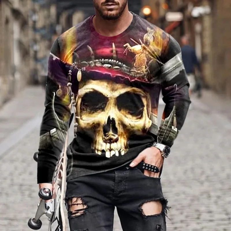 

Horror Style Skull Men's T-shirt Long Sleeve O-Neck 3D Print Autumn Gothic Hip Hop Oversized Top Loose Casual Top 5XL